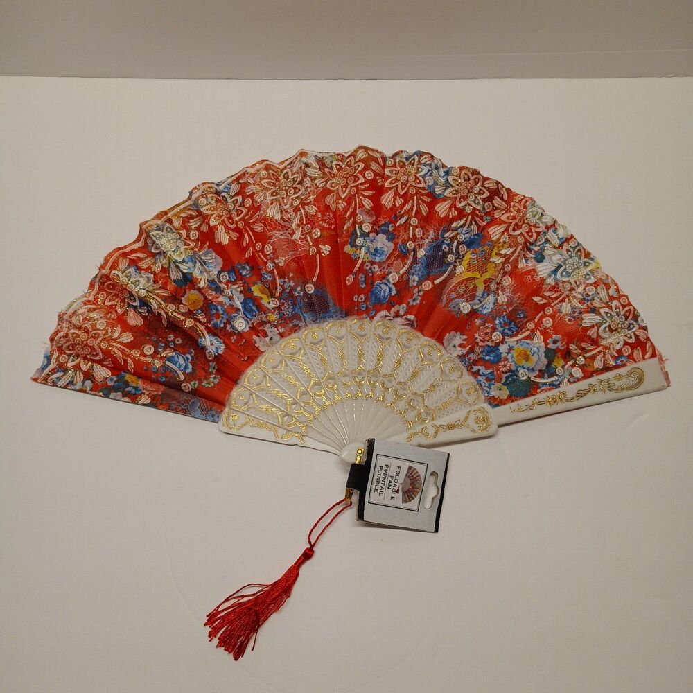 Handheld Foldable Fabric Accordion Fan Floral Red Blue Yellow Gold Glitter